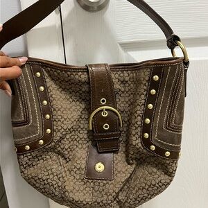 Coach Brown and Tan Shoulder Bag with Gold Accents